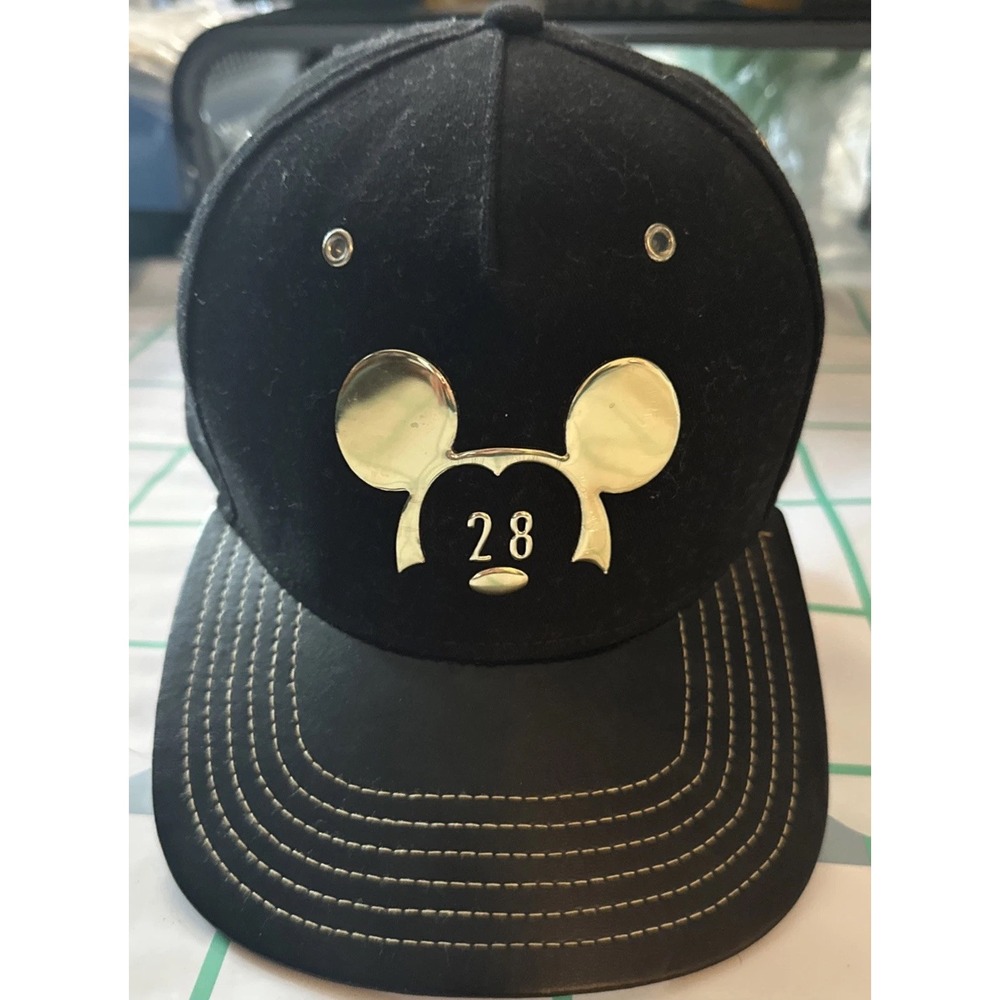 Disney Parks Adult Hat Cap 28 Black And Gold Mickey Mouse Logo Faux Leather Brim